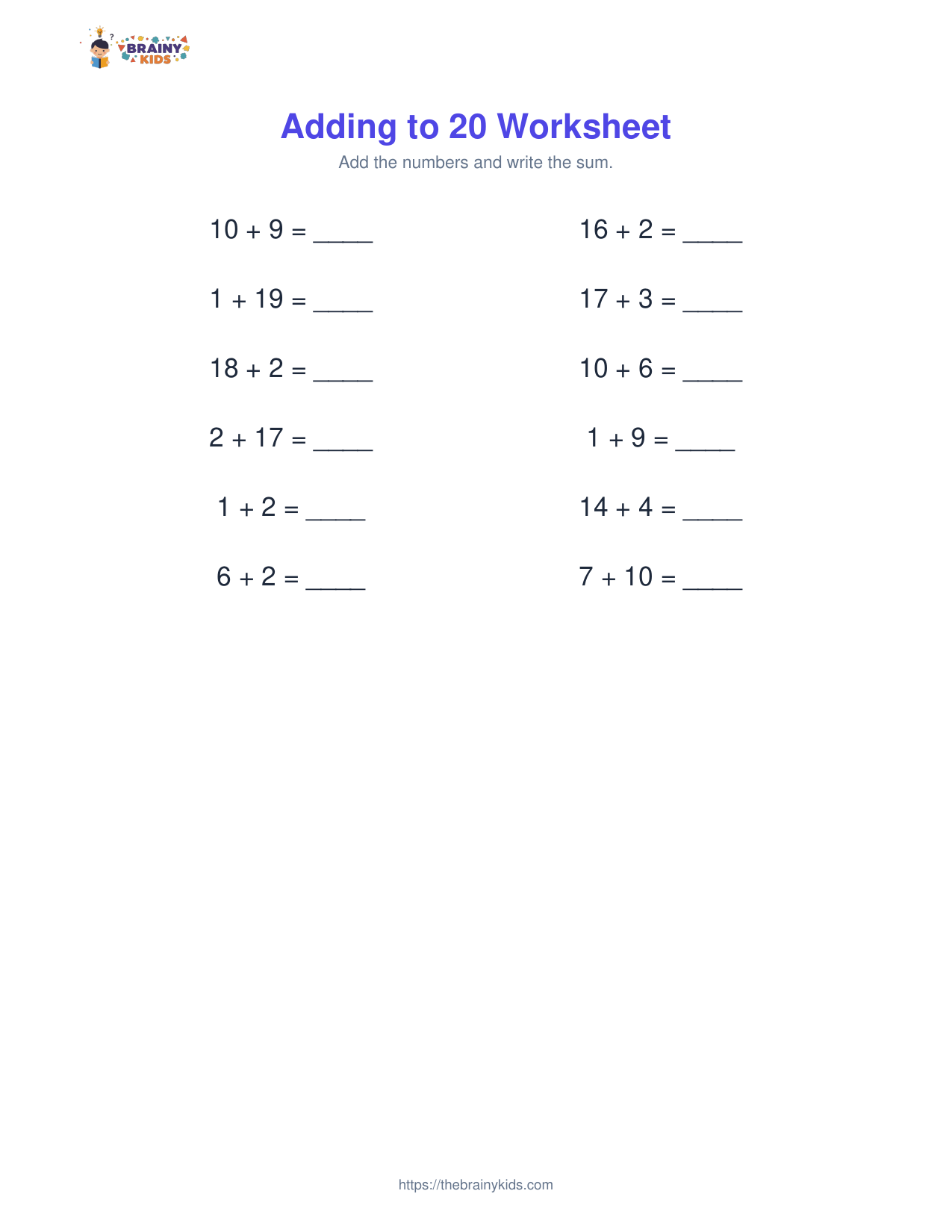 Adding to 20 Worksheet