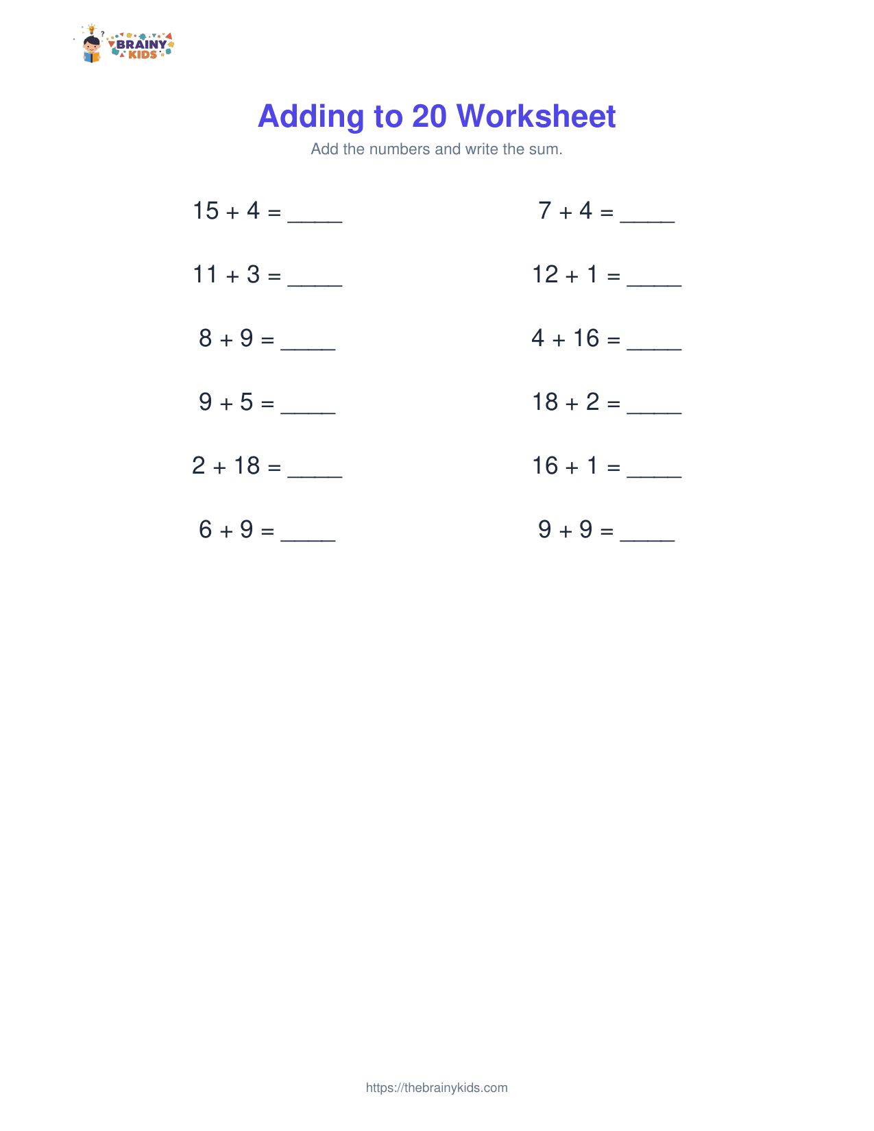 Adding to 20 Worksheet