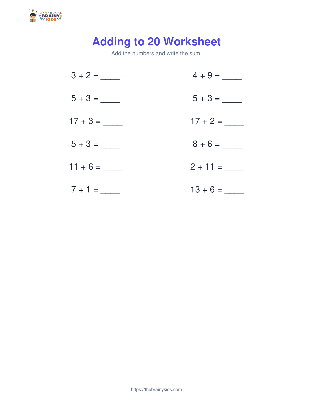 Adding to 20 Worksheet