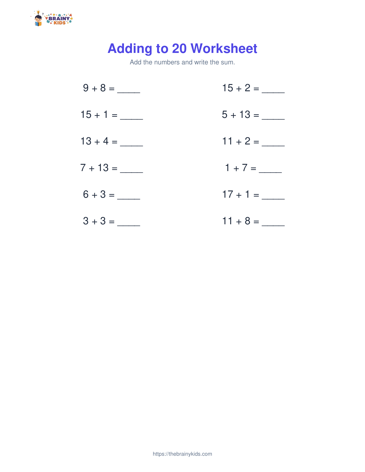 Adding to 20 Worksheet
