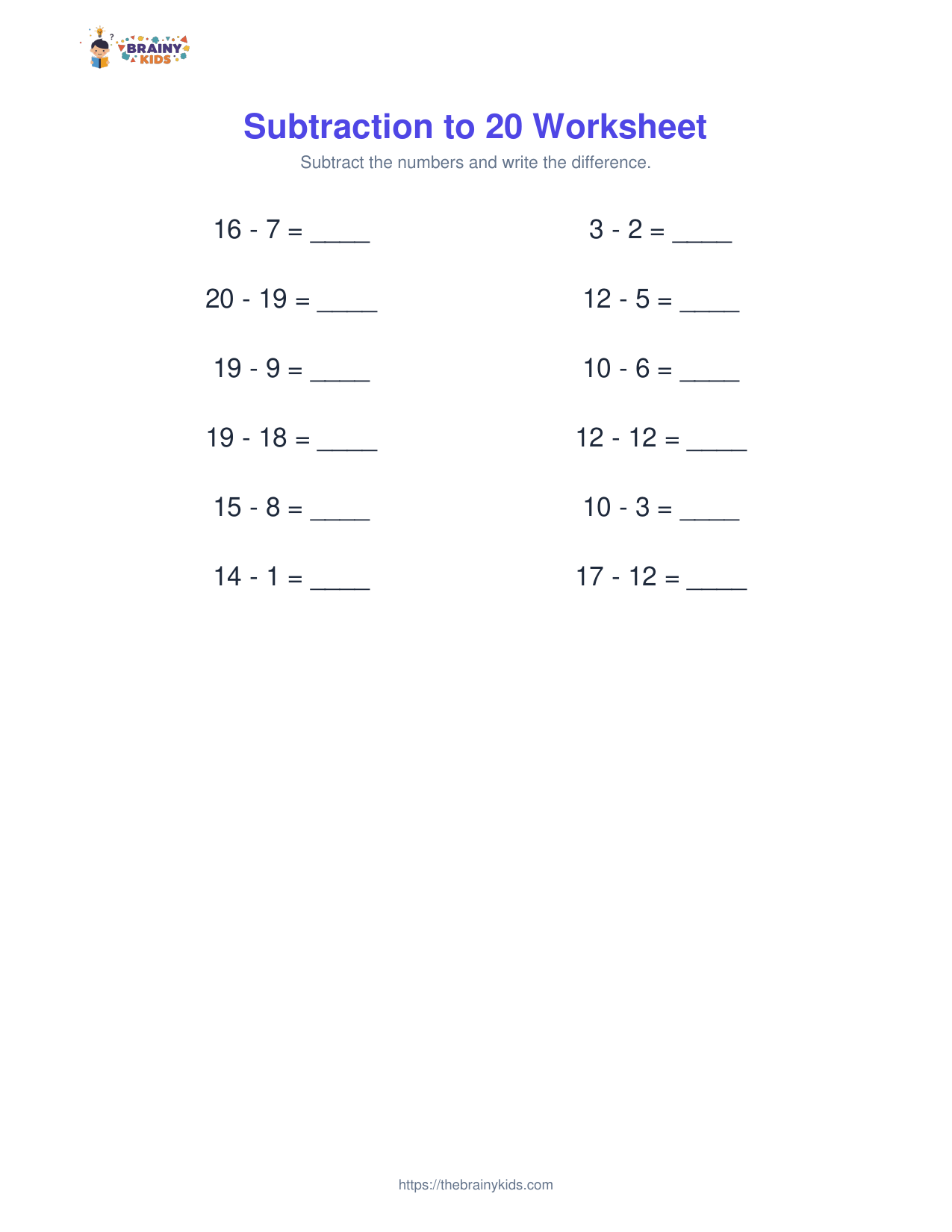 Subtraction to 20 Worksheet