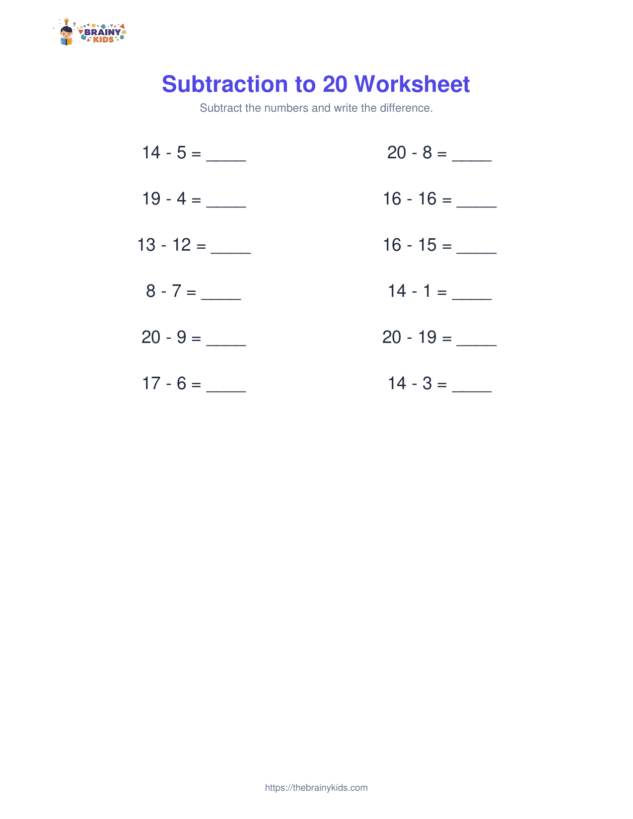 Subtraction to 20 Worksheet