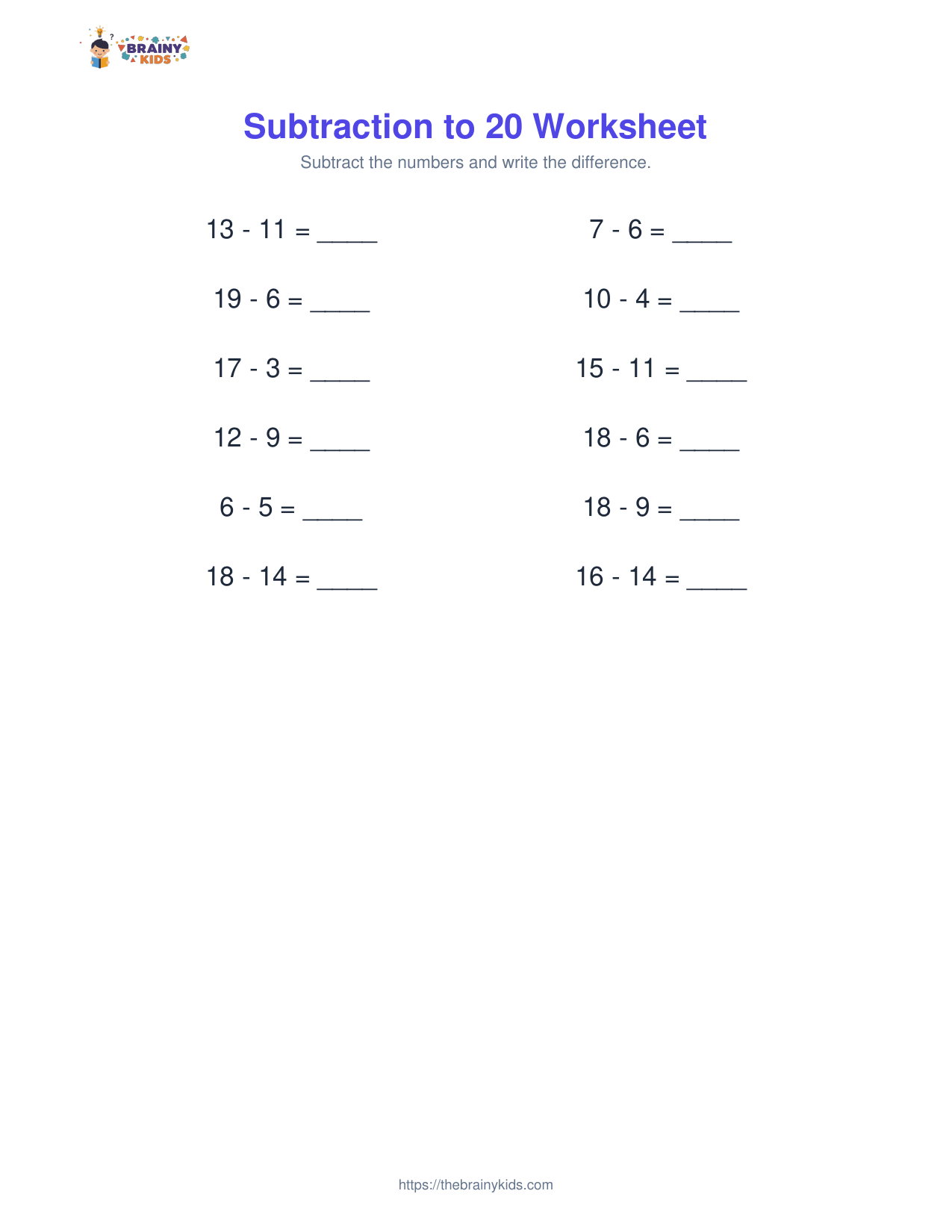Subtraction to 20 Worksheet