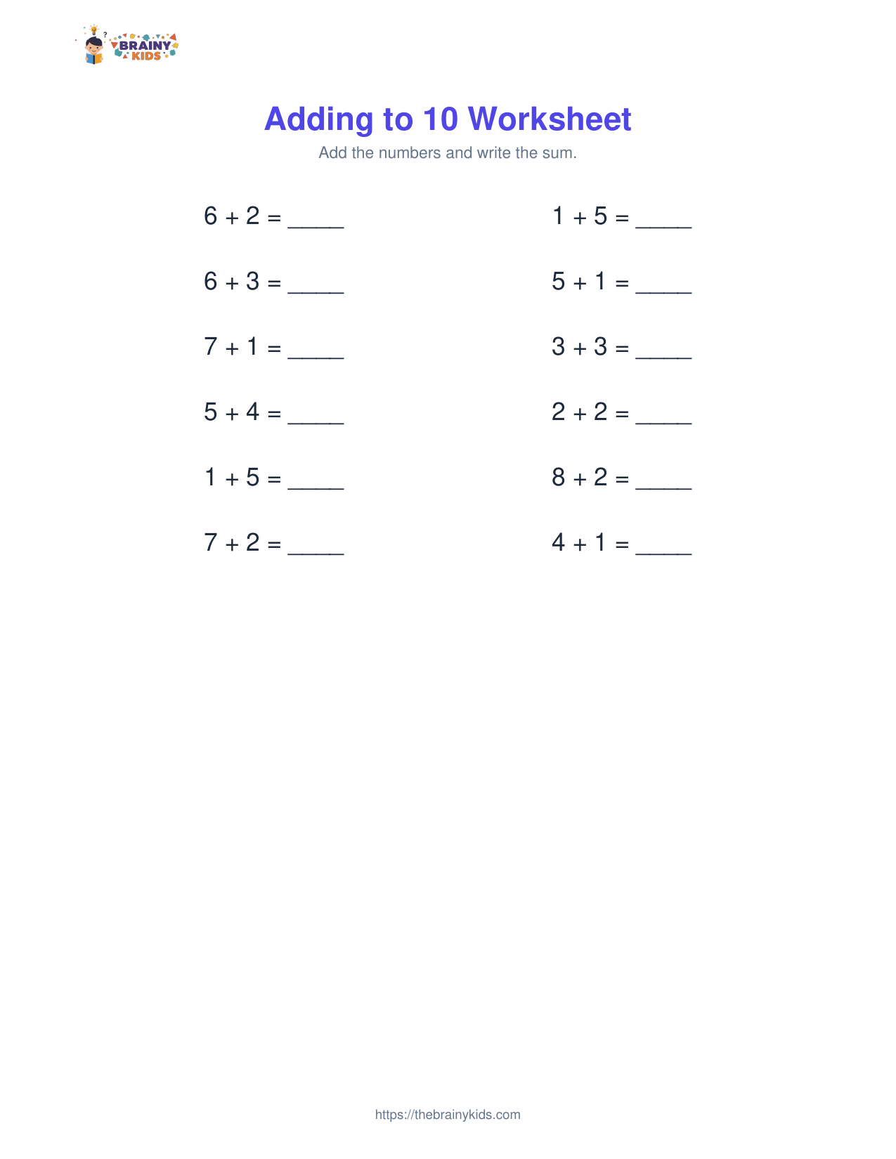 Adding to 10 Worksheet