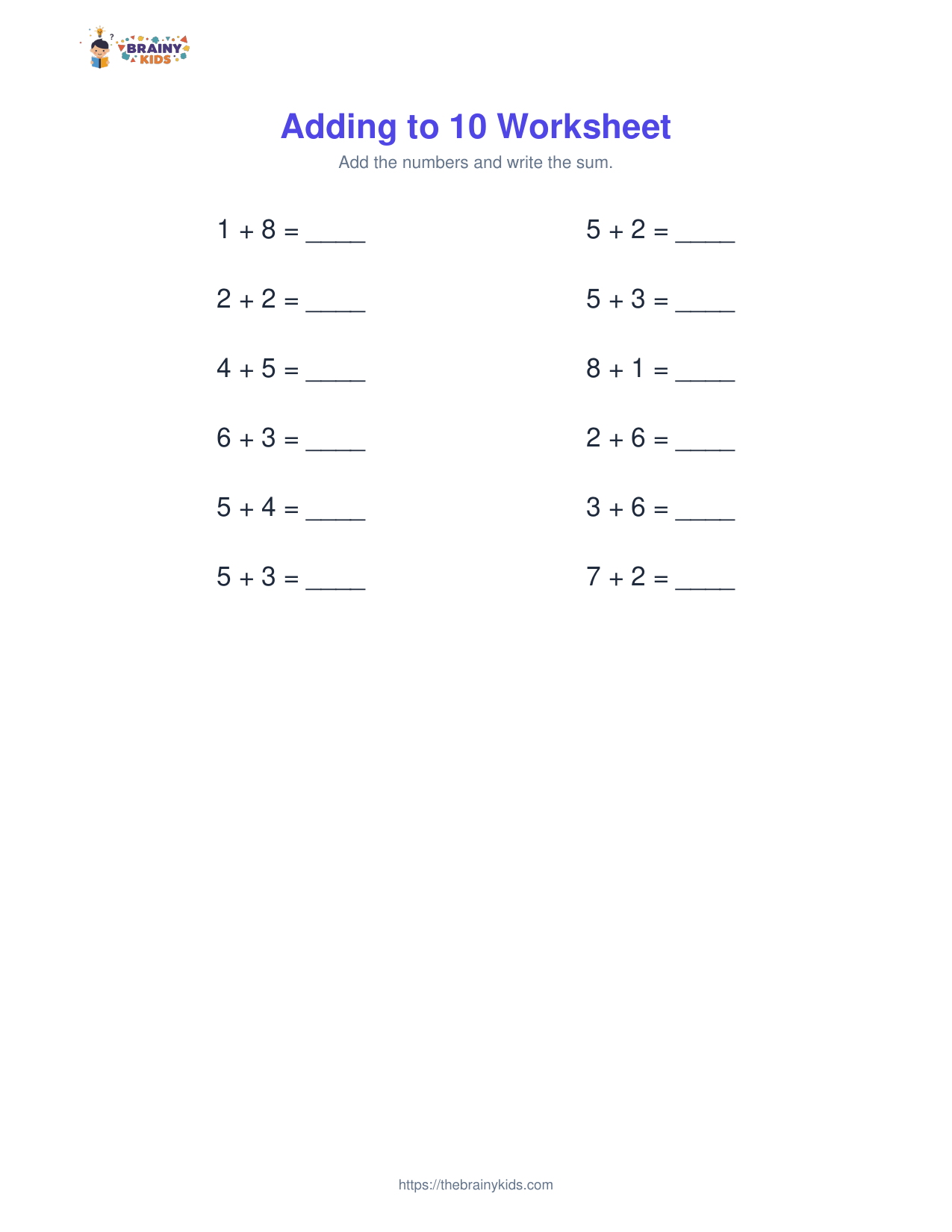 Adding to 10 Worksheet