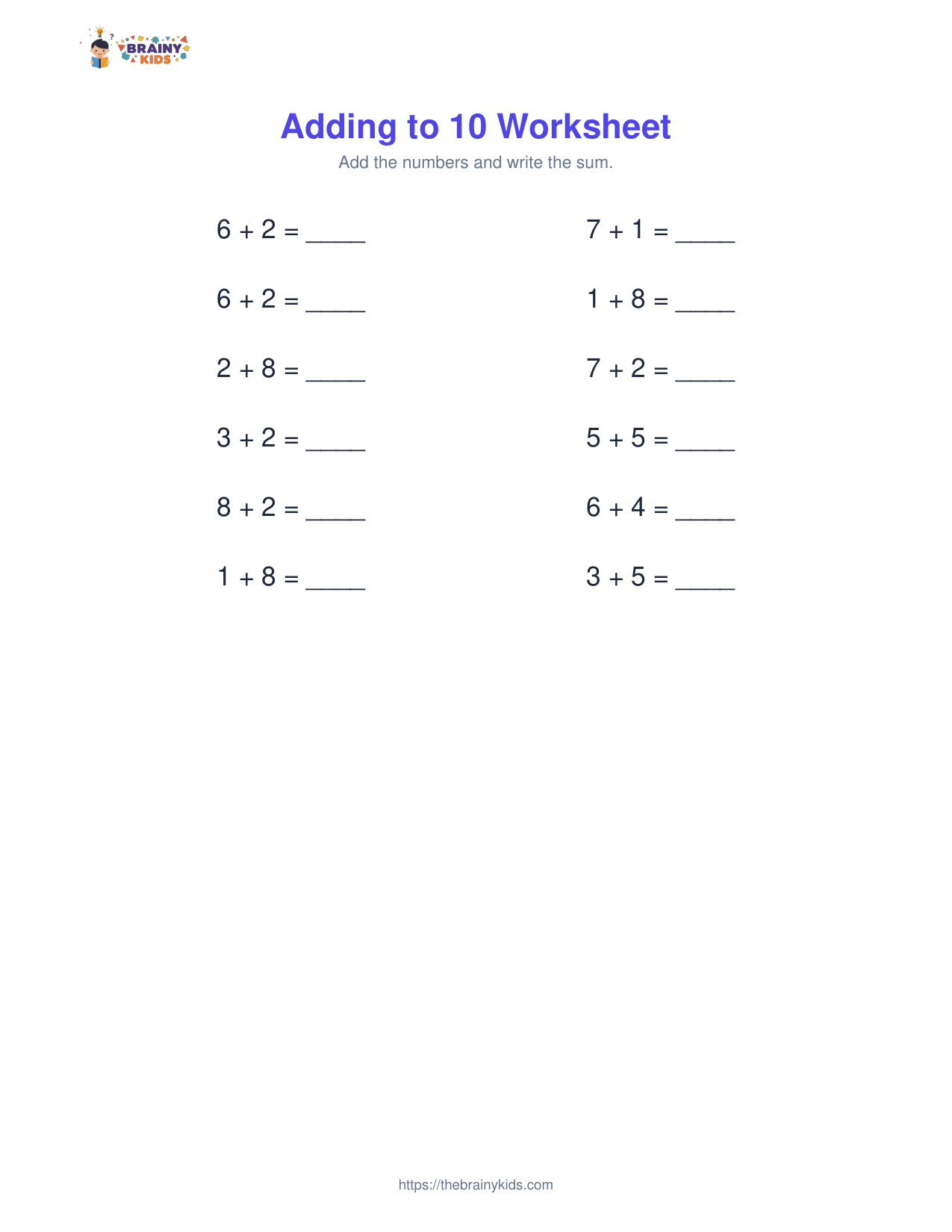 Adding to 10 Worksheet