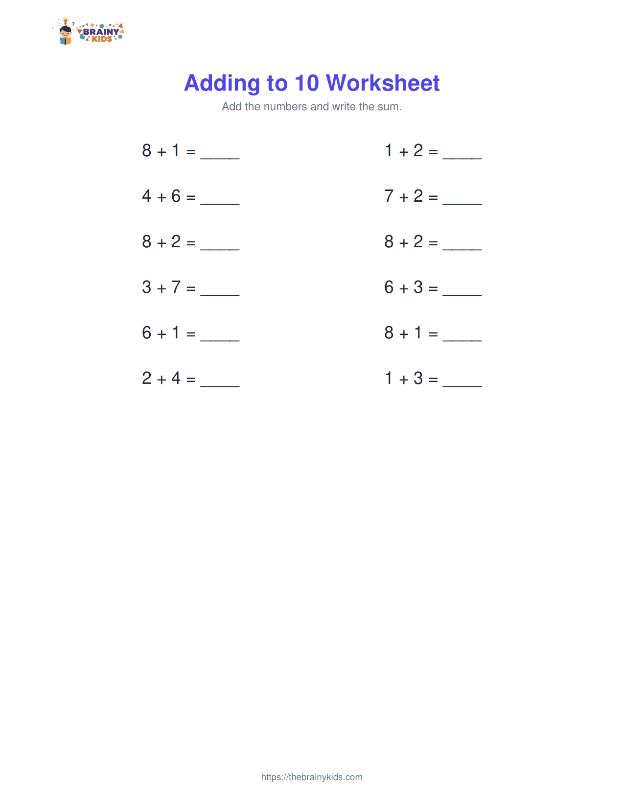 Adding to 10 Worksheet