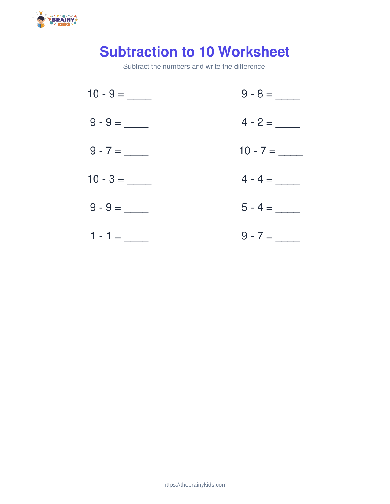 Subtraction to 10 Worksheet