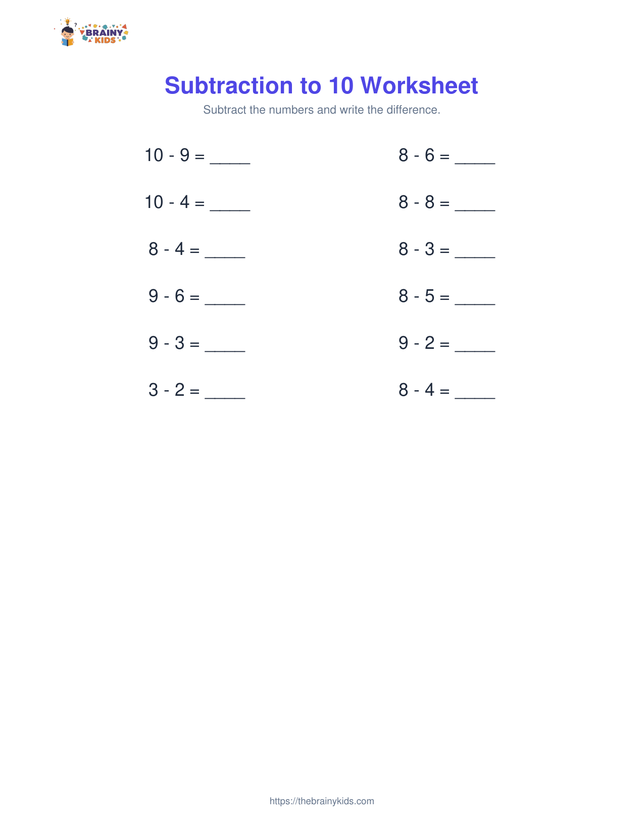 Subtraction to 10 Worksheet